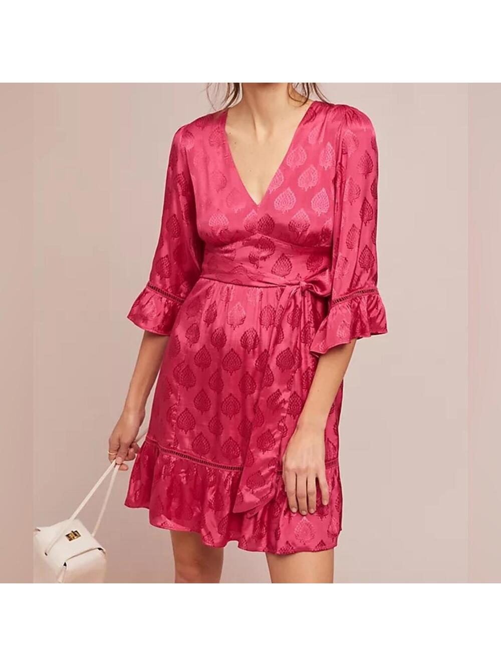 Anthropologie Maeve Pink Christine Belted Dress Size 2